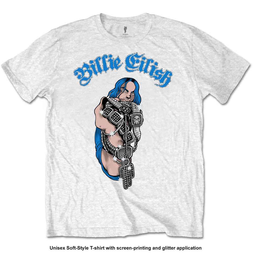 Billie Eilish Bling Glitter Print White Small T-Shirt