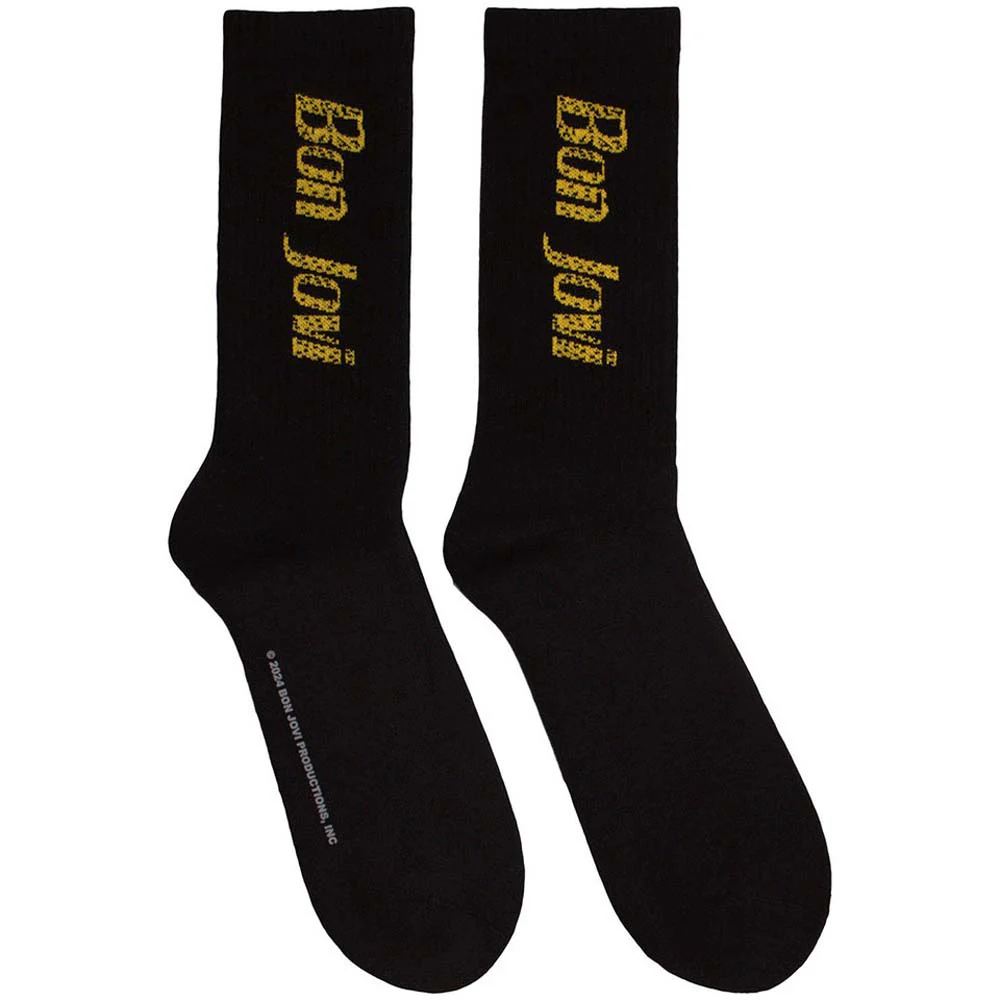 Bon Jovi Unisex Terry Socks: Yellow Logo (Black) (UK Size 7 - 11)