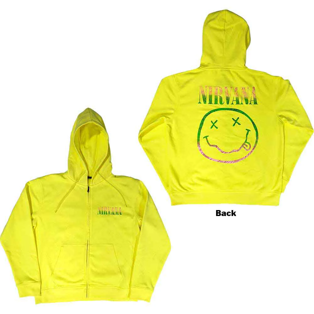 Nirvana Sorbet Ray Happy Face Neon Yellow X-Large Zipped Hoodie - Image 2