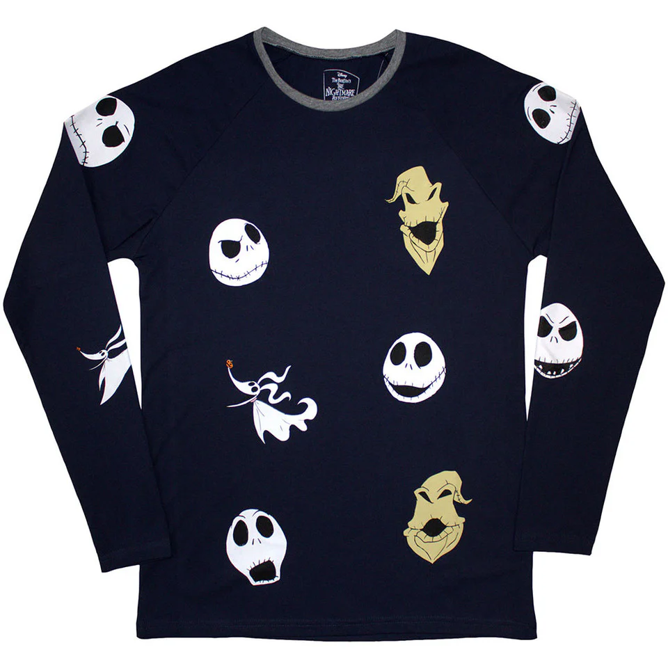 The Nightmare Before Christmas Character Heads Navy Blue Long Sleeve Medium T-Shirt